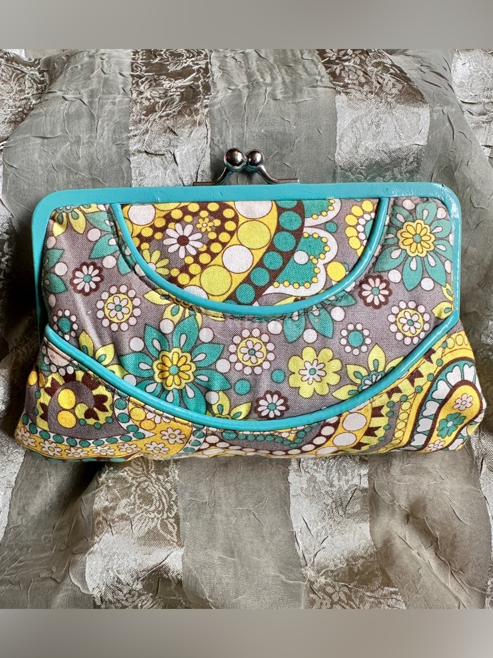 Y2K Vera Bradley Kiss Lock Clutch Wallet Lemon Parfait Yellow Aqua Paisley